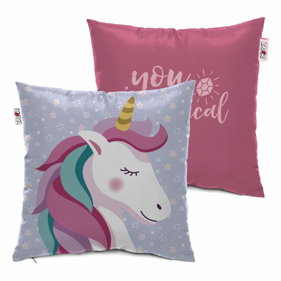 Unicornio Cojín para niños de tacto suave para decorar espacios infantiles con estampación en las dos caras.