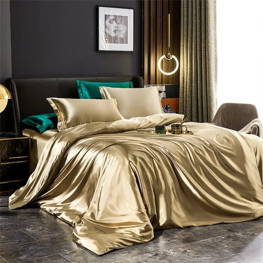 Juego de cama de seda maciza con funda nórdica, sábanas, fundas de almohada, Sábana doble individual de satén de lujo, tamaño King Queen - AliExpress 15 - Imagen 3