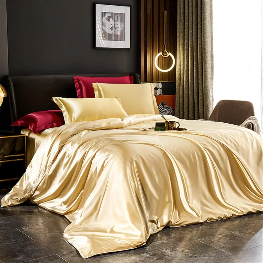 Juego de cama de seda maciza con funda nórdica, sábanas, fundas de almohada, Sábana doble individual de satén de lujo, tamaño King Queen - AliExpress 15 - Imagen 2