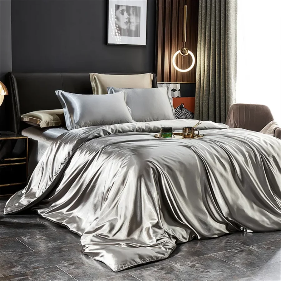 Juego de cama de seda maciza con funda nórdica, sábanas, fundas de almohada, Sábana doble individual de satén de lujo, tamaño King Queen - AliExpress 15